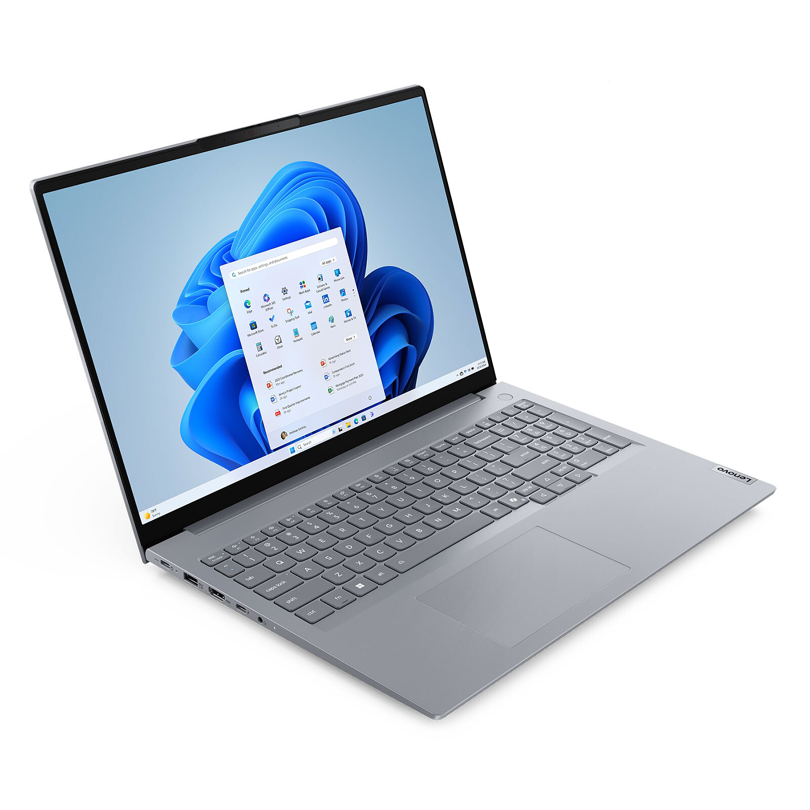 Lenovo ThinkBook 16 G8 de trois quarts, clavier et pavé tactile